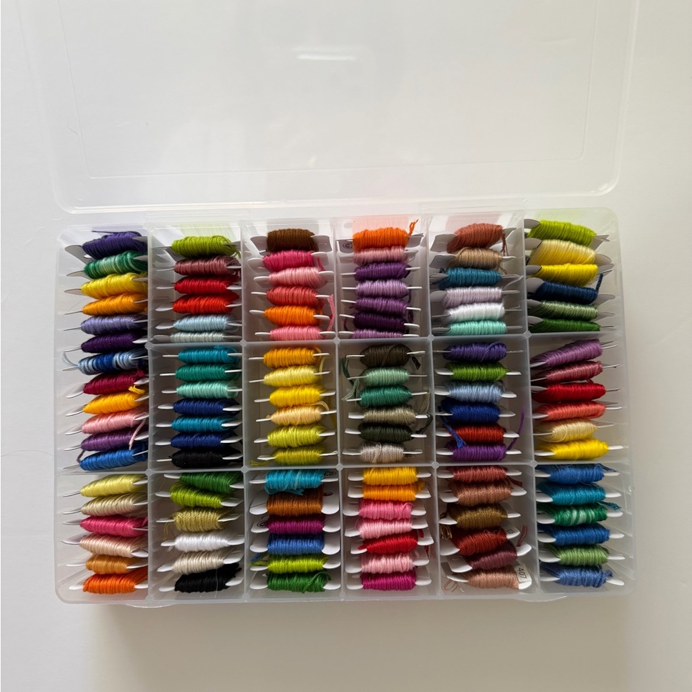 DMC Embroidery Thread Lot in Plastic Box Cross Stitch, Needlepoint Cotton Set